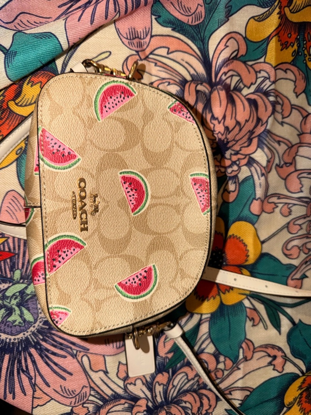 Coach Beige Signature Crossbody with Pink & Green Watermelon Print